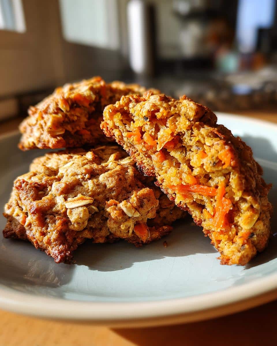 A stack of homemade Carrot Oatmeal Cookies on a plate, one broken in half to show the carrot shreds.