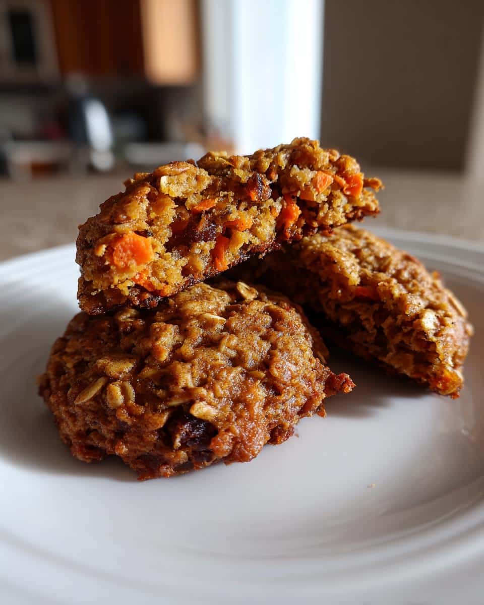 A stack of homemade Carrot Oatmeal Cookies on a white plate, one cookie broken in half to show texture.