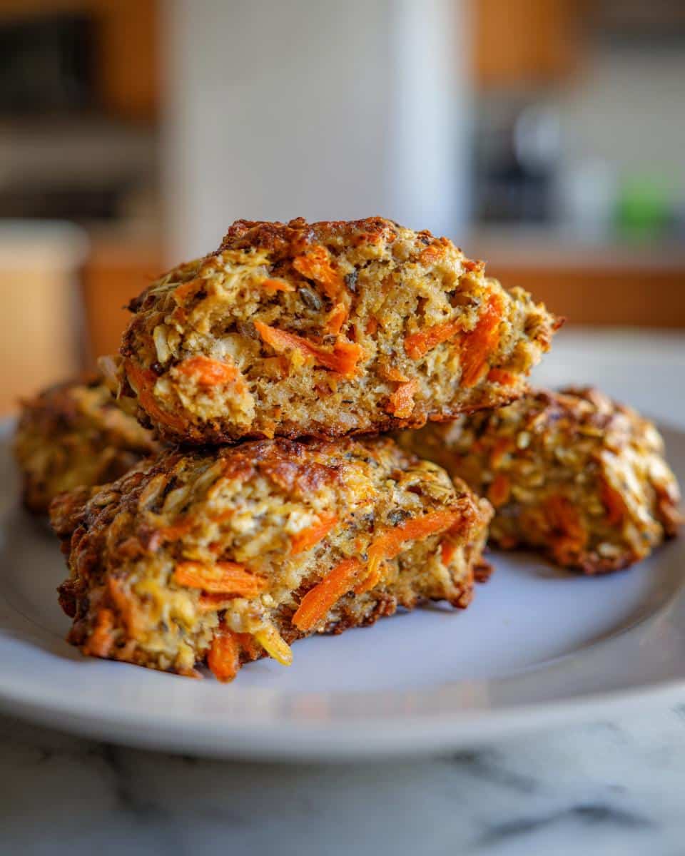 A stack of delicious Carrot Oatmeal Cookies on a plate, one cookie broken in half to show the texture.