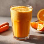 Vibrant Carrot Orange Smoothie in a glass with carrots and orange slices on a gray surface.
