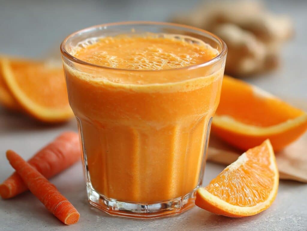A vibrant Carrot Orange Smoothie in a glass, surrounded by fresh carrots and orange slices.