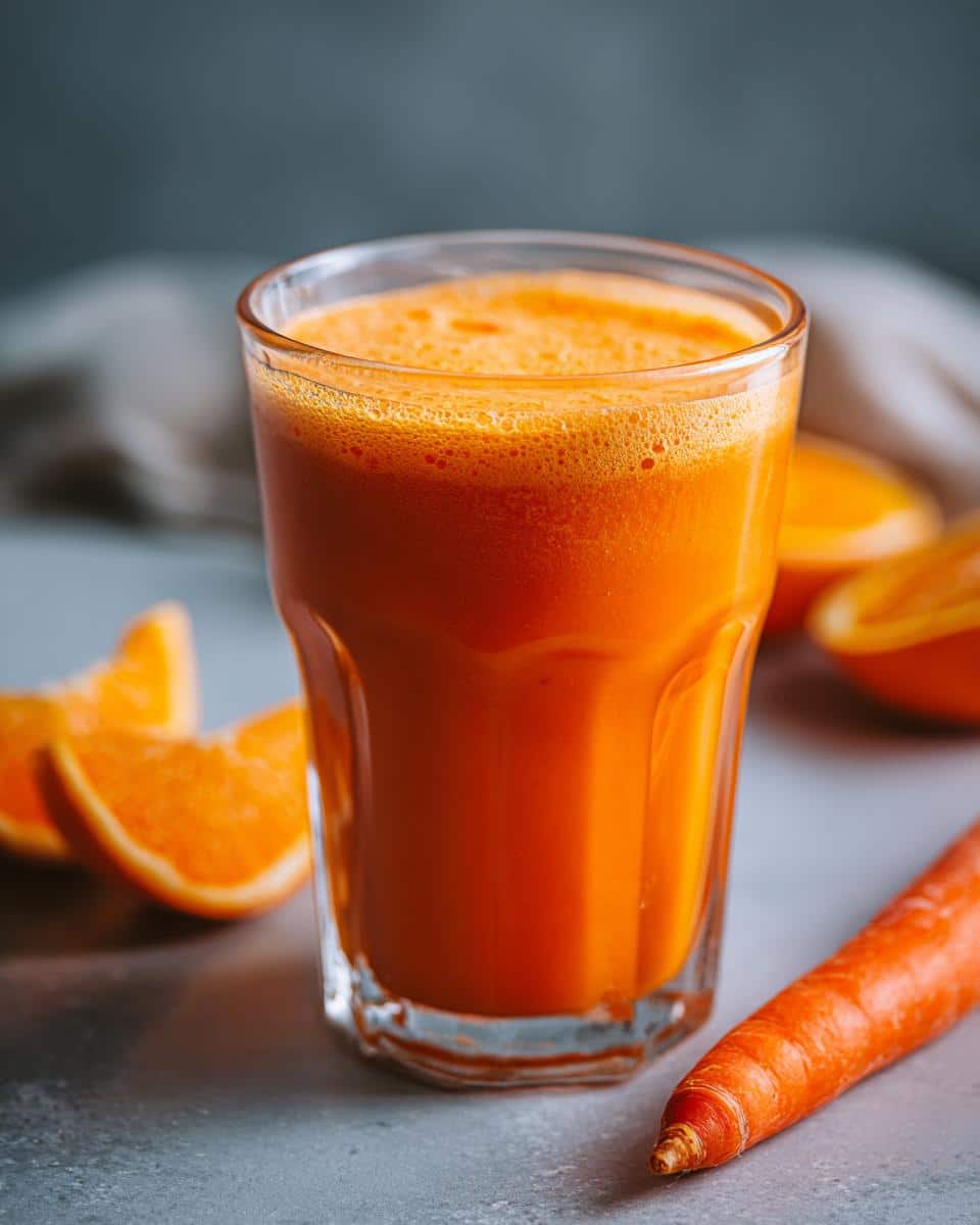 A glass of vibrant Carrot Orange Smoothie with orange slices and a carrot on a gray surface.