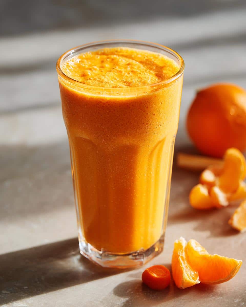 A vibrant Carrot Orange Smoothie in a glass with orange slices, showcasing its refreshing texture and color.