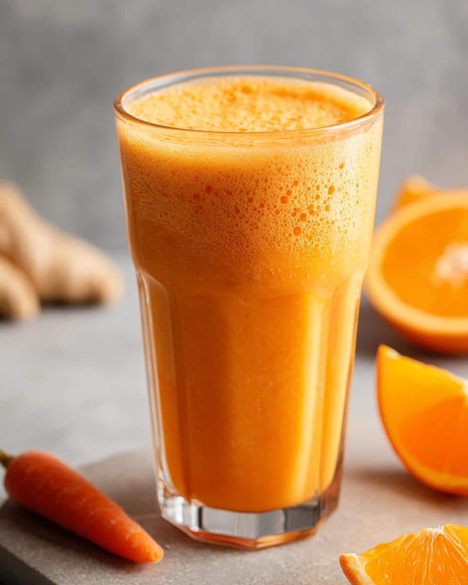 A vibrant Carrot Orange Smoothie in a glass, with fresh carrots and orange slices around it.