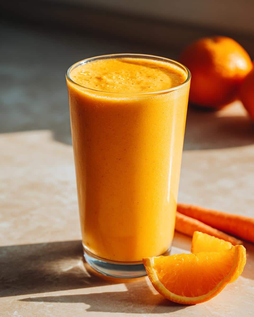 A vibrant Carrot Orange Smoothie in a glass, with fresh carrots and orange slices nearby.