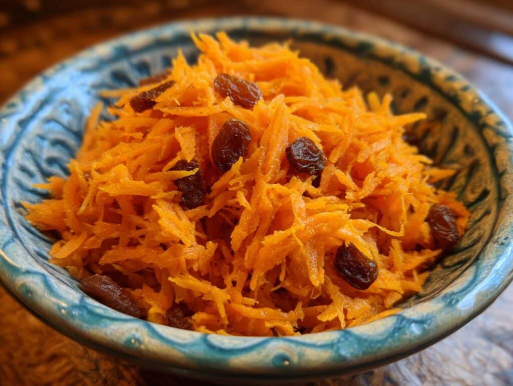 Close-up of a vibrant Carrot Raisin Salad in a blue patterned bowl, showcasing the shredded carrots and plump raisins.