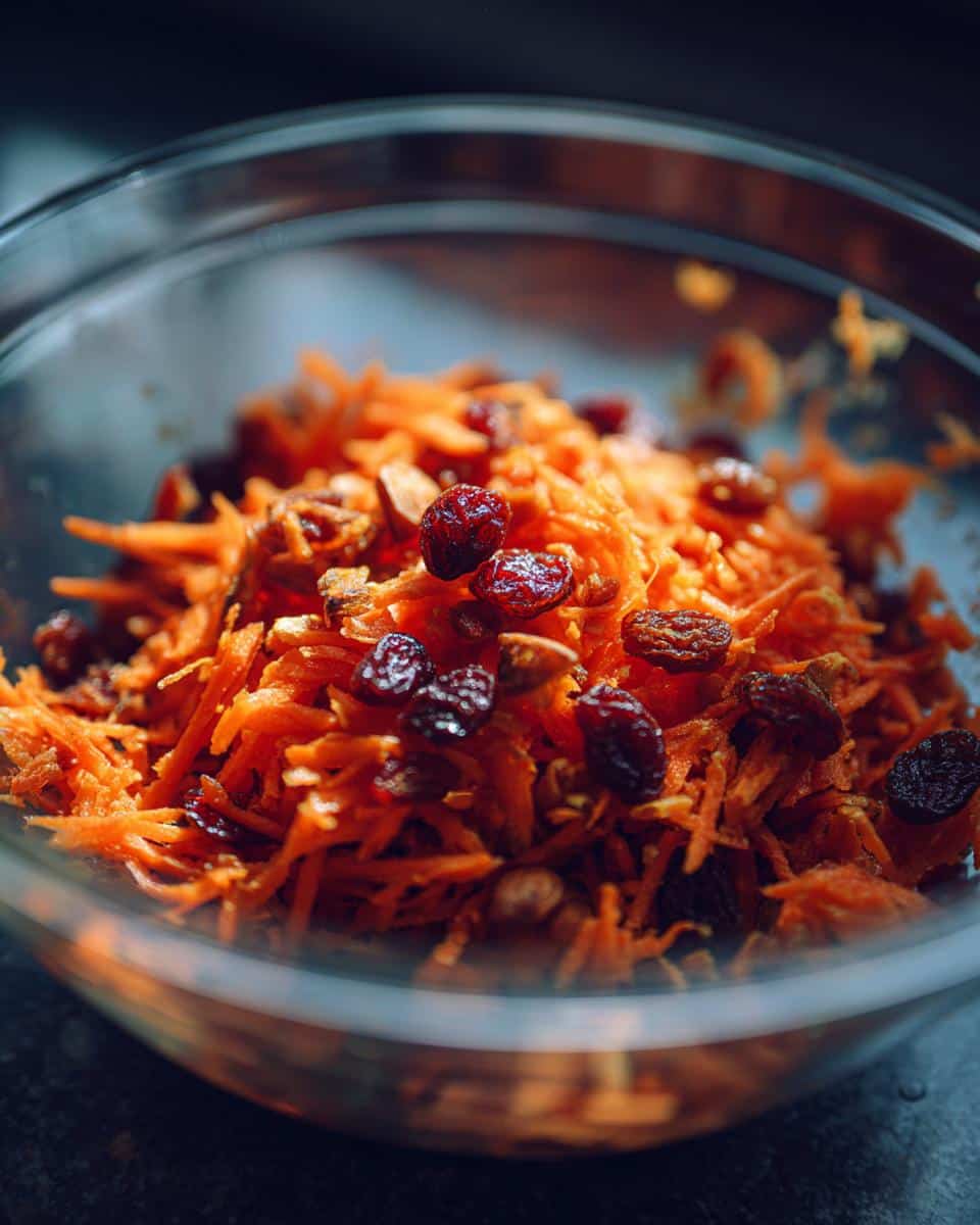 Close-up of Carrot Raisin Salad in a glass bowl, featuring shredded carrots, raisins, and nuts.