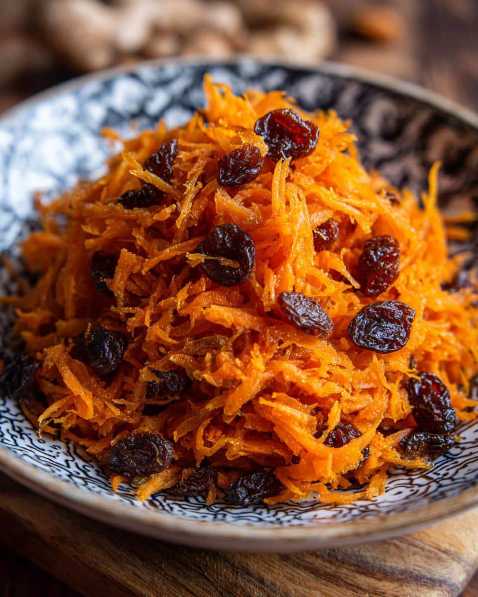 Close-up of Carrot Raisin Salad in a decorative bowl, showing shredded carrots and plump raisins.