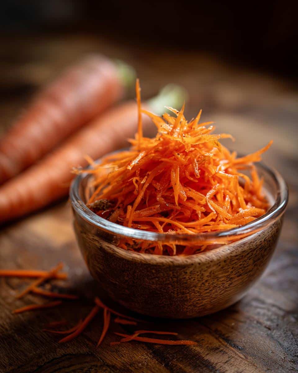 Close-up of shredded carrots in a bowl for Carrot Raisin Salad, with whole carrots in the background.