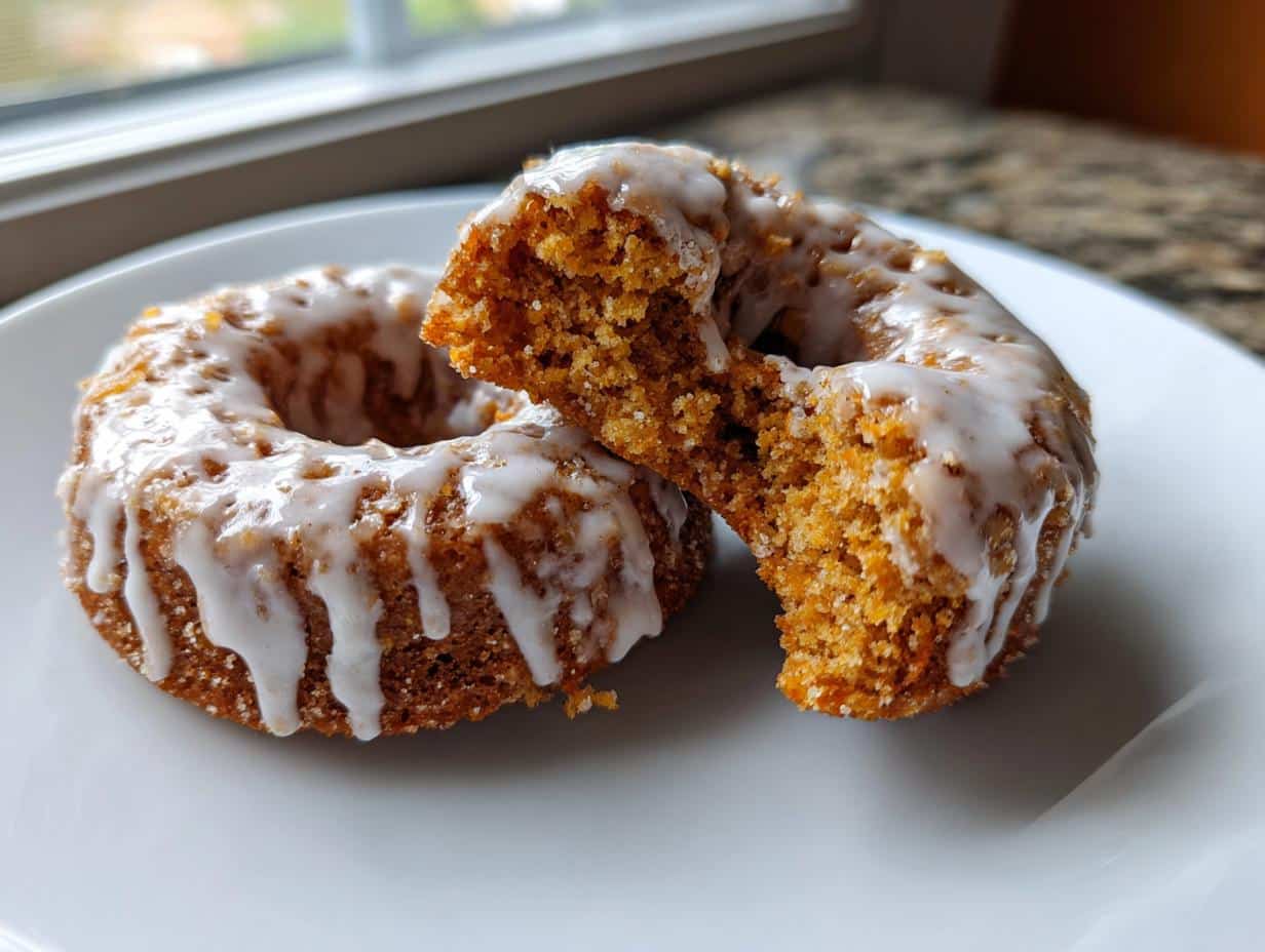 Two glazed Carrot Spice Donuts, one cut in half, on a white plate near a window.