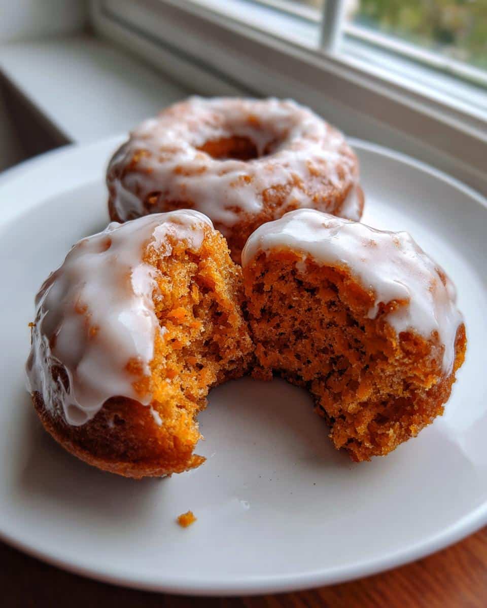 Three glazed Carrot Spice Donuts on a white plate, one donut broken in half to show the inside texture.