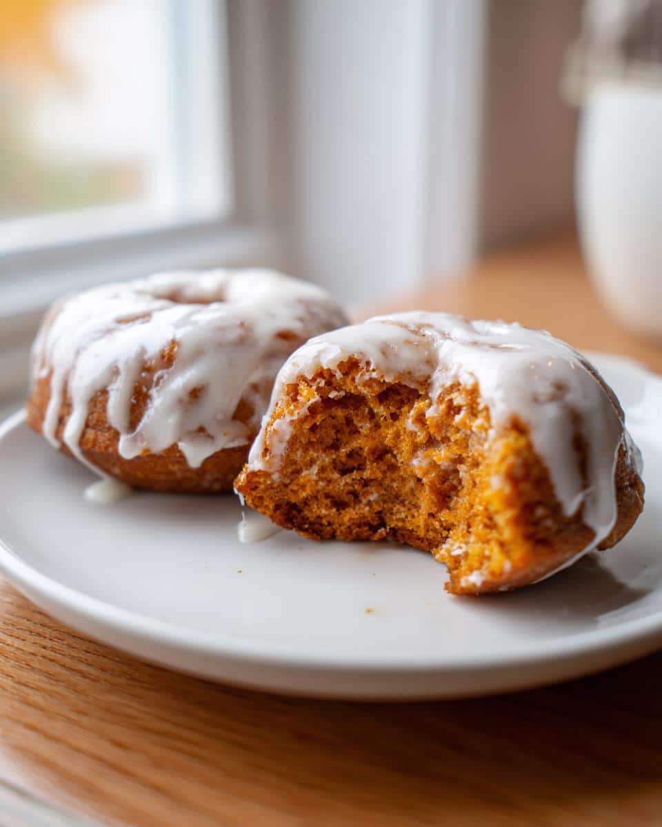 Two glazed Carrot Spice Donuts on a white plate, one with a bite taken out showing the texture.