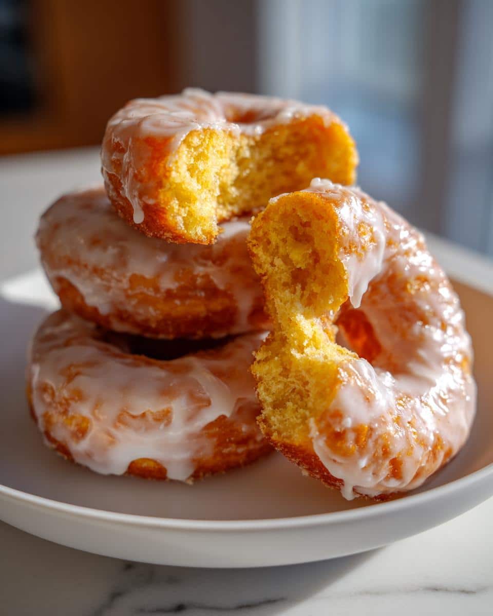 A stack of glazed Carrot Spice Donuts on a white plate, one donut with a bite taken out.