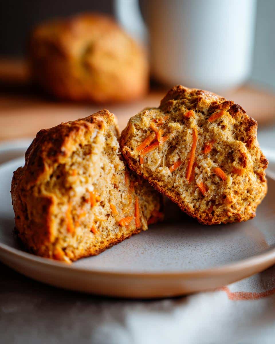 Close-up of a halved Carrot Spice Scone on a plate, showing the texture and carrot pieces.