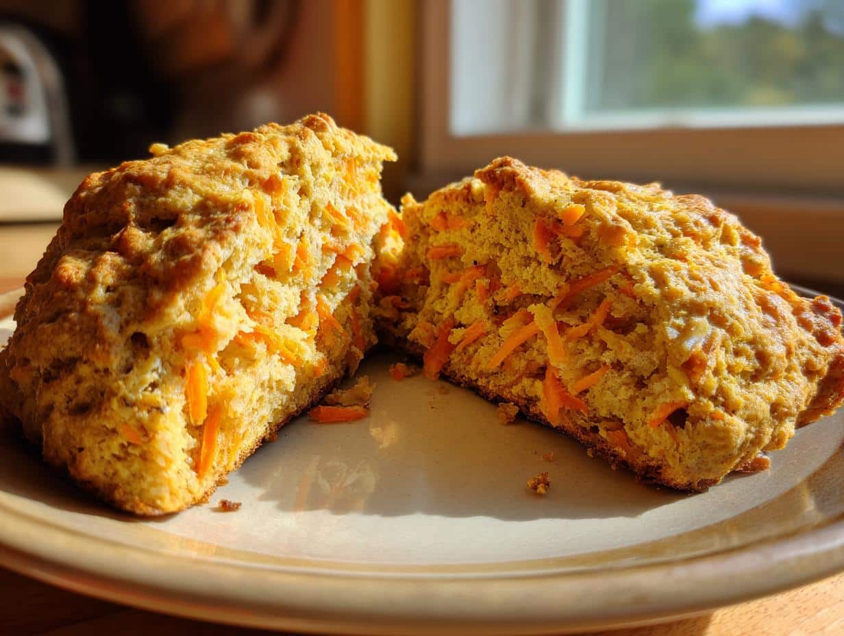 Two halves of a Carrot Spice Scone on a plate, showcasing the texture and carrot pieces.