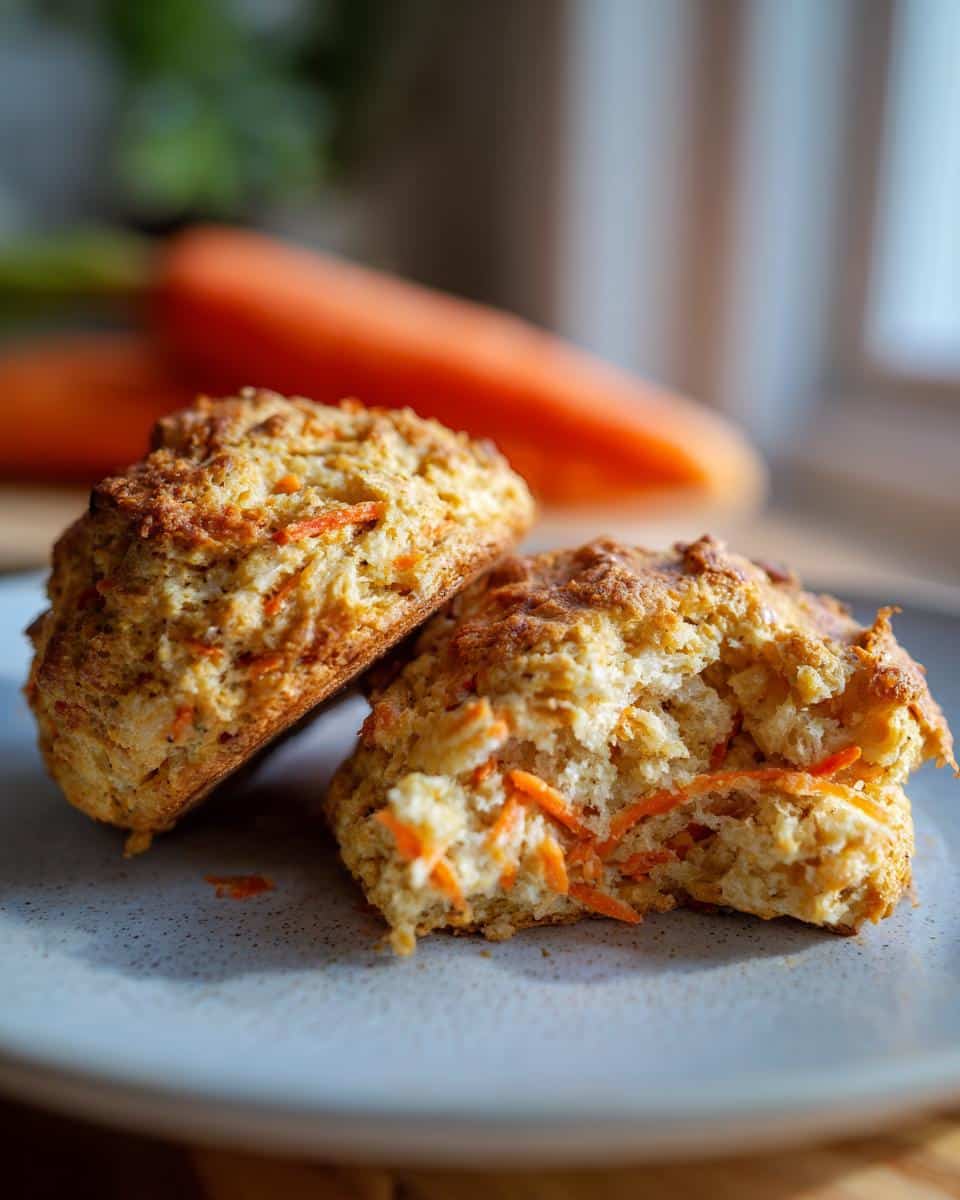 Two Carrot Spice Scones on a plate, one broken open to show the carrot inside.