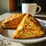 Two Carrot Spice Scones on a plate, one cut open to show the carrot pieces, with a cup of coffee in the background.