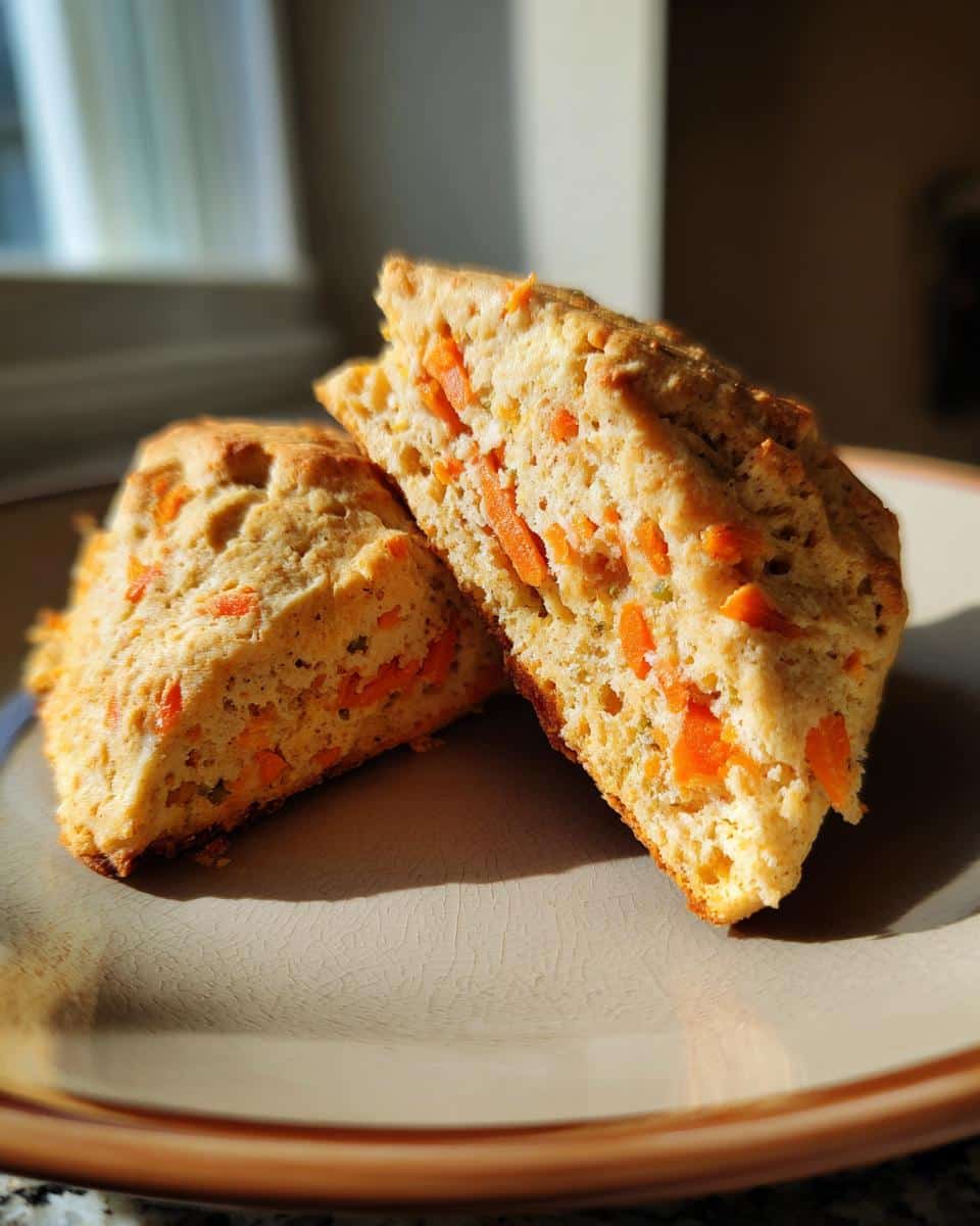 Two Carrot Spice Scones, one cut in half, on a plate, showing the carrot pieces inside.