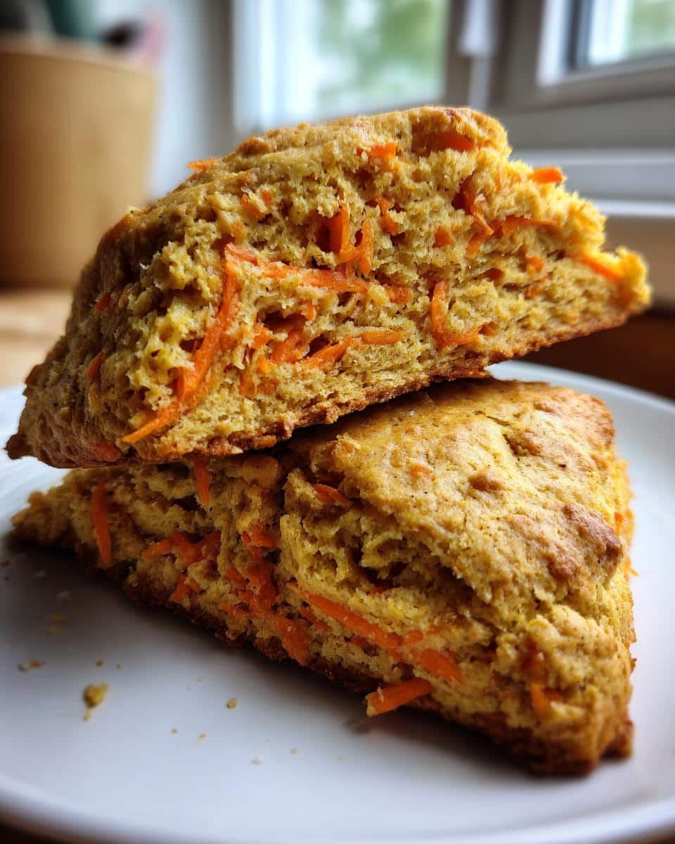Two Carrot Spice Scones stacked on a white plate, showcasing the carrot shreds within.