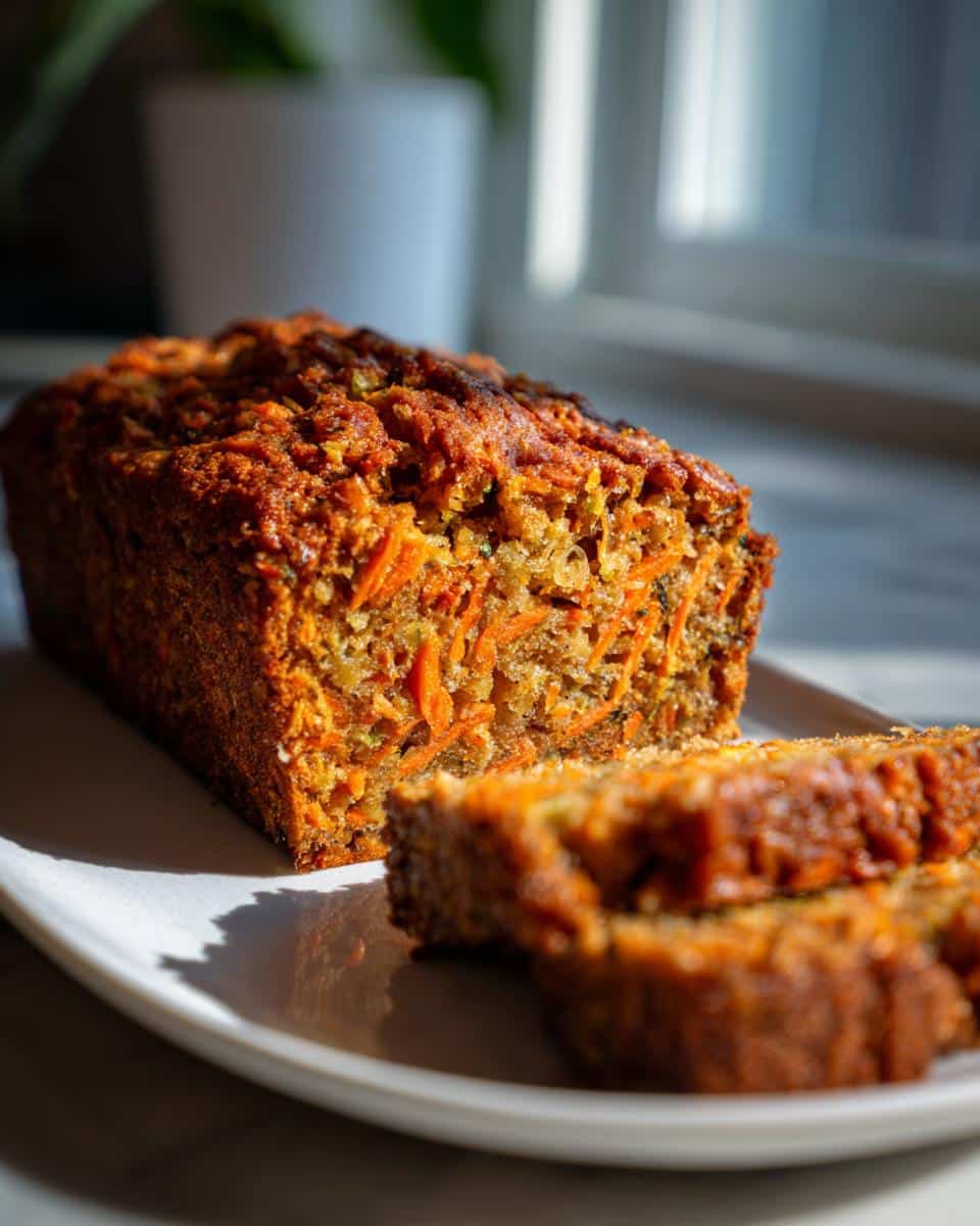 A loaf of Carrot Zucchini Bread with two slices cut, sitting on a white plate in natural light.