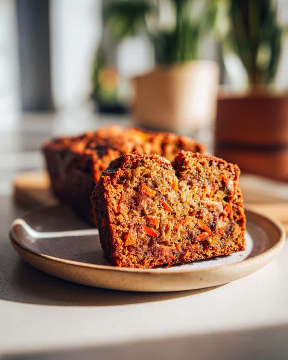 A slice of homemade Carrot Zucchini Bread on a plate, showcasing the moist texture and visible carrots and zucchini.
