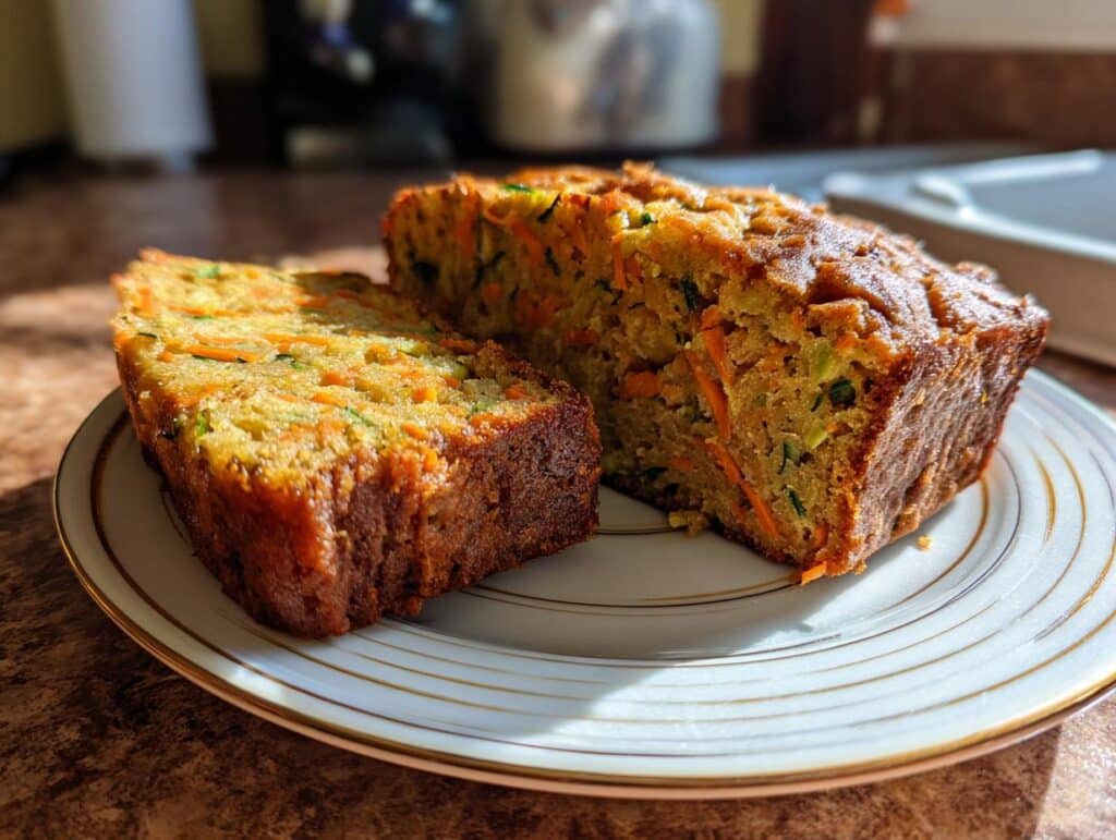 Two slices of homemade Carrot Zucchini Bread on a plate, showcasing the moist texture and visible vegetables.
