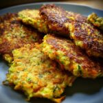 A close-up of golden-brown Carrot Zucchini Fritters stacked on a plate, showcasing their crispy texture.