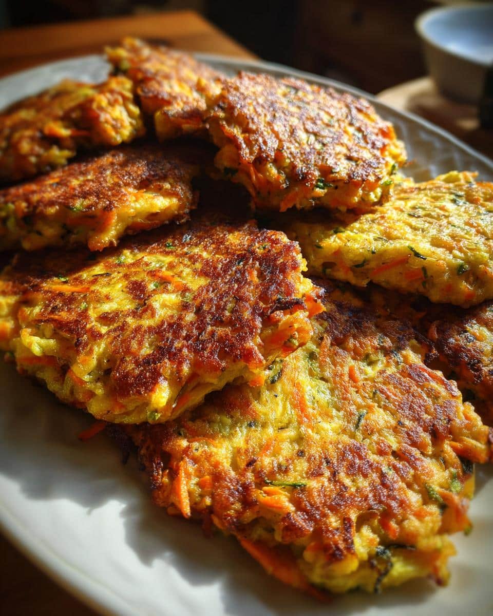 A plate of freshly made Carrot Zucchini Fritters, golden brown and ready to eat.