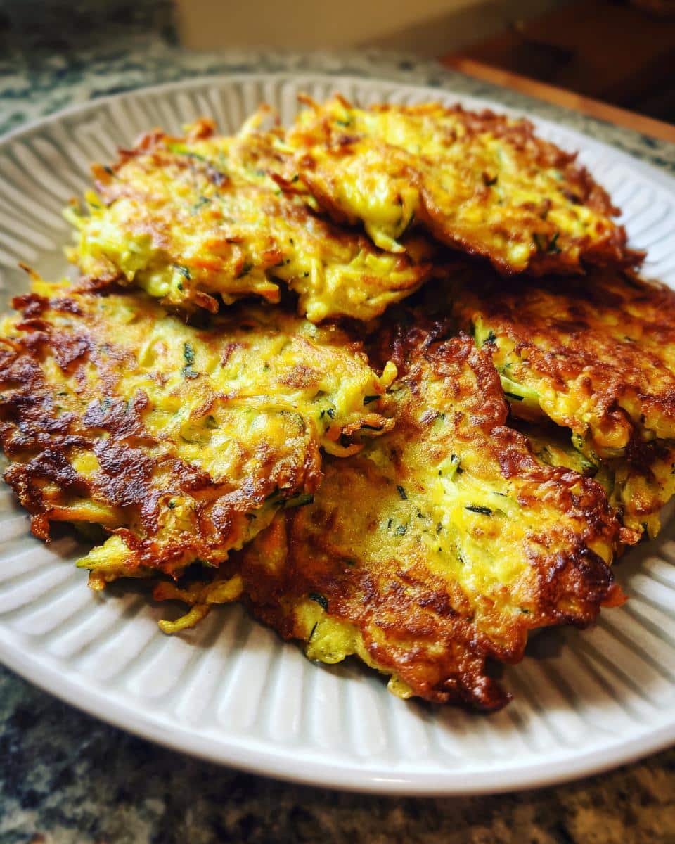 A plate of golden-brown Carrot Zucchini Fritters, showcasing their crispy edges and grated vegetable texture.