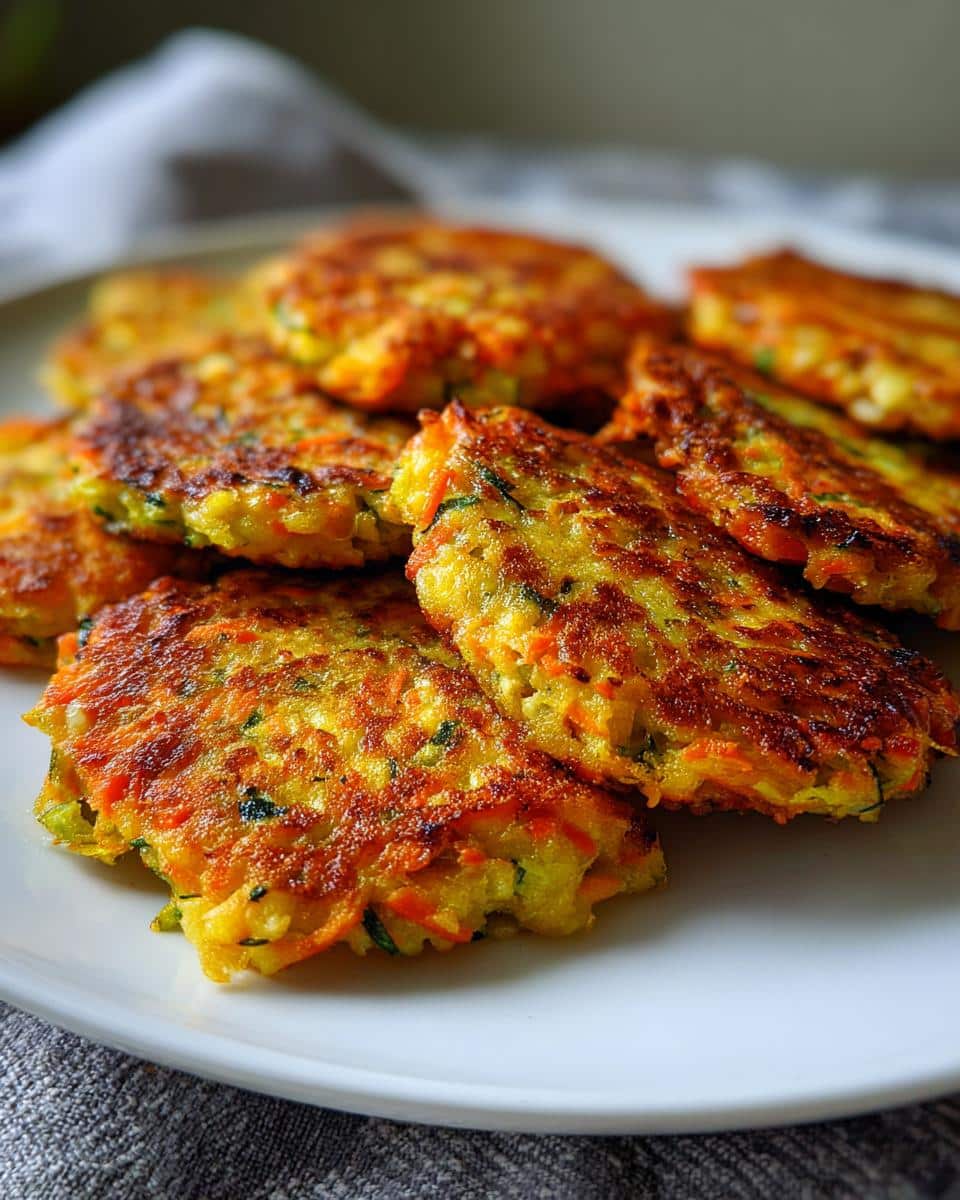A plate of freshly cooked Carrot Zucchini Fritters, showcasing their golden-brown color and texture.