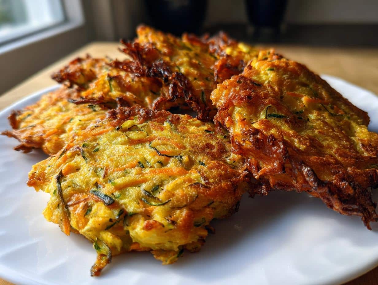 Close-up of golden-brown Carrot Zucchini Fritters stacked on a white plate, showing shredded vegetables.
