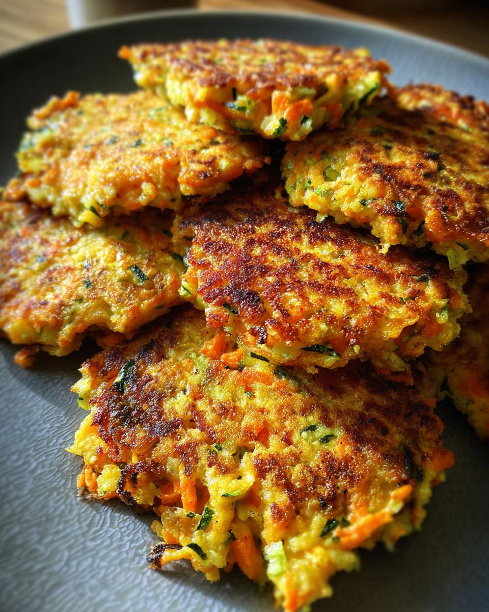 A stack of golden-brown Carrot Zucchini Fritters on a plate, showcasing the grated vegetables.