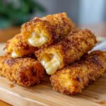 A stack of golden fried cheese-wrapped pickles with melted cheese oozing out on a wooden board.