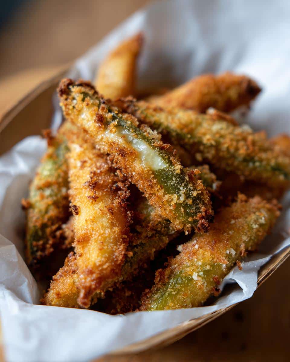 Close-up of golden-brown, crispy cheese-wrapped pickles served in a basket lined with white paper.