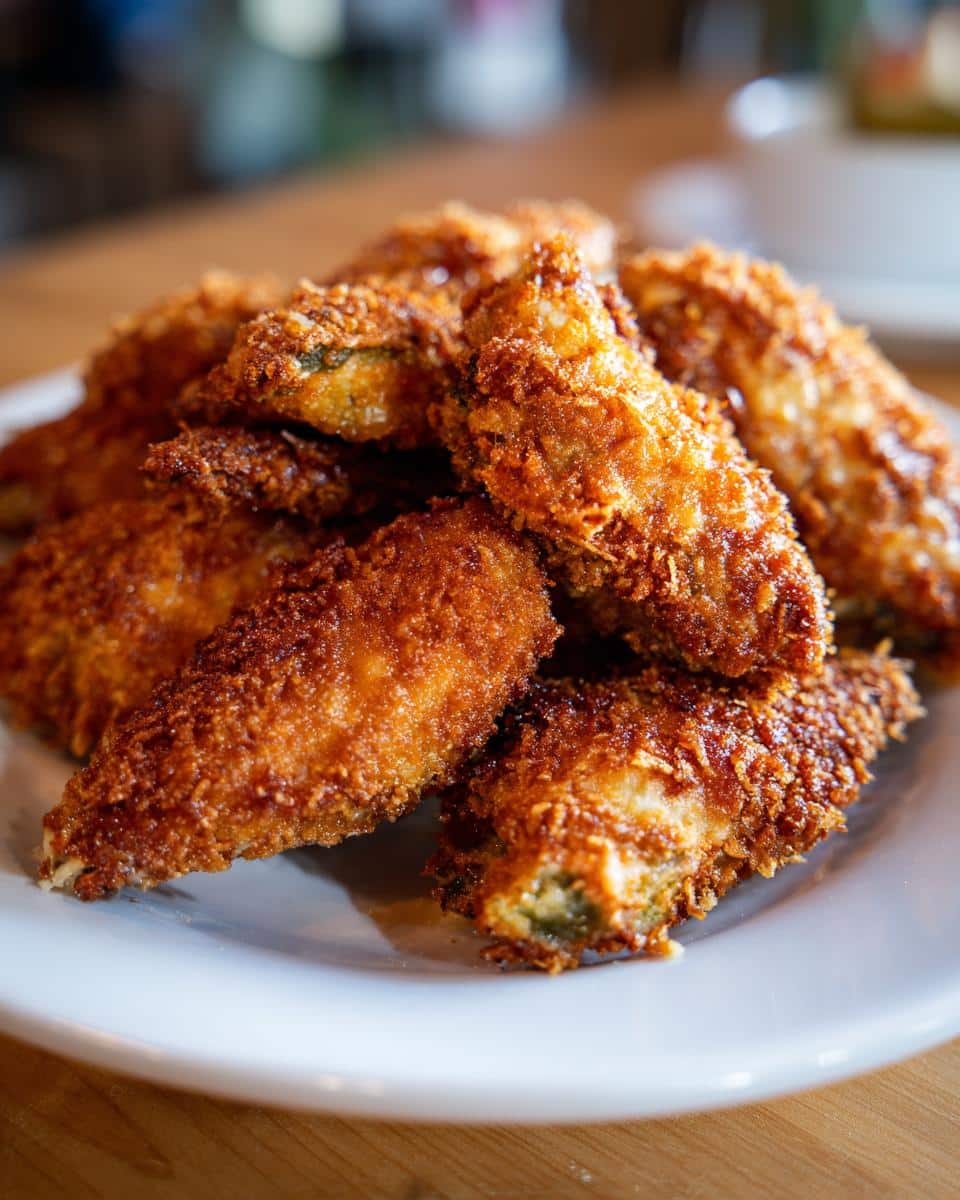 A plate piled high with golden-brown, crispy cheese-wrapped pickles, ready to be enjoyed.