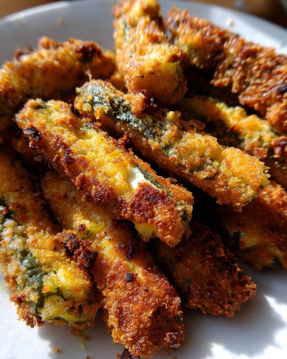 Close-up of golden, crispy cheese-wrapped pickles, fried to perfection and piled on a plate.