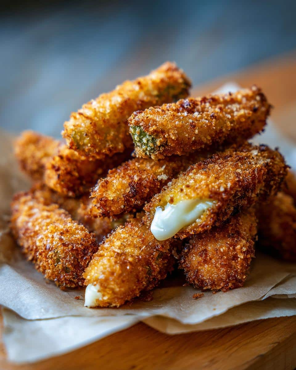 A stack of crispy, golden cheese-wrapped pickles, with melted cheese oozing out of one.