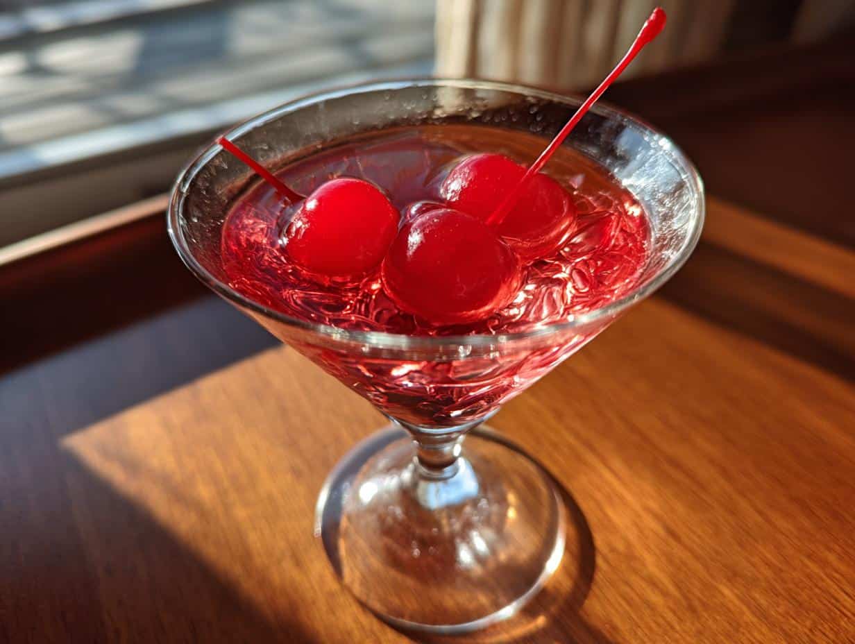 A vibrant cherry martini in a stemmed glass, garnished with three bright red maraschino cherries.