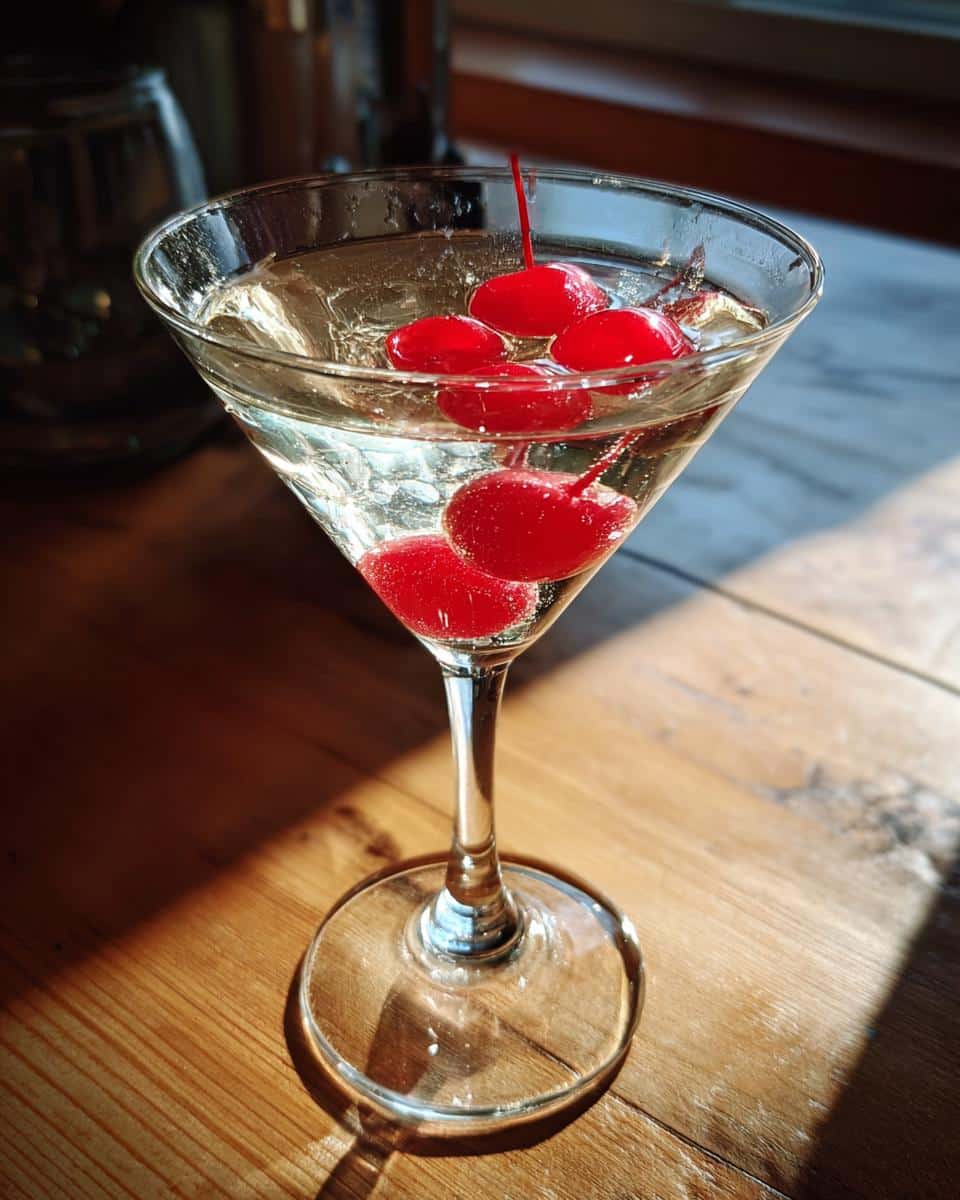 A classic cherry martini in a stemmed glass, garnished with bright red cherries on a wooden surface.