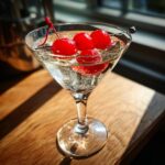 A sparkling cherry martini in a stemmed glass, garnished with bright red cherries on a wooden surface.