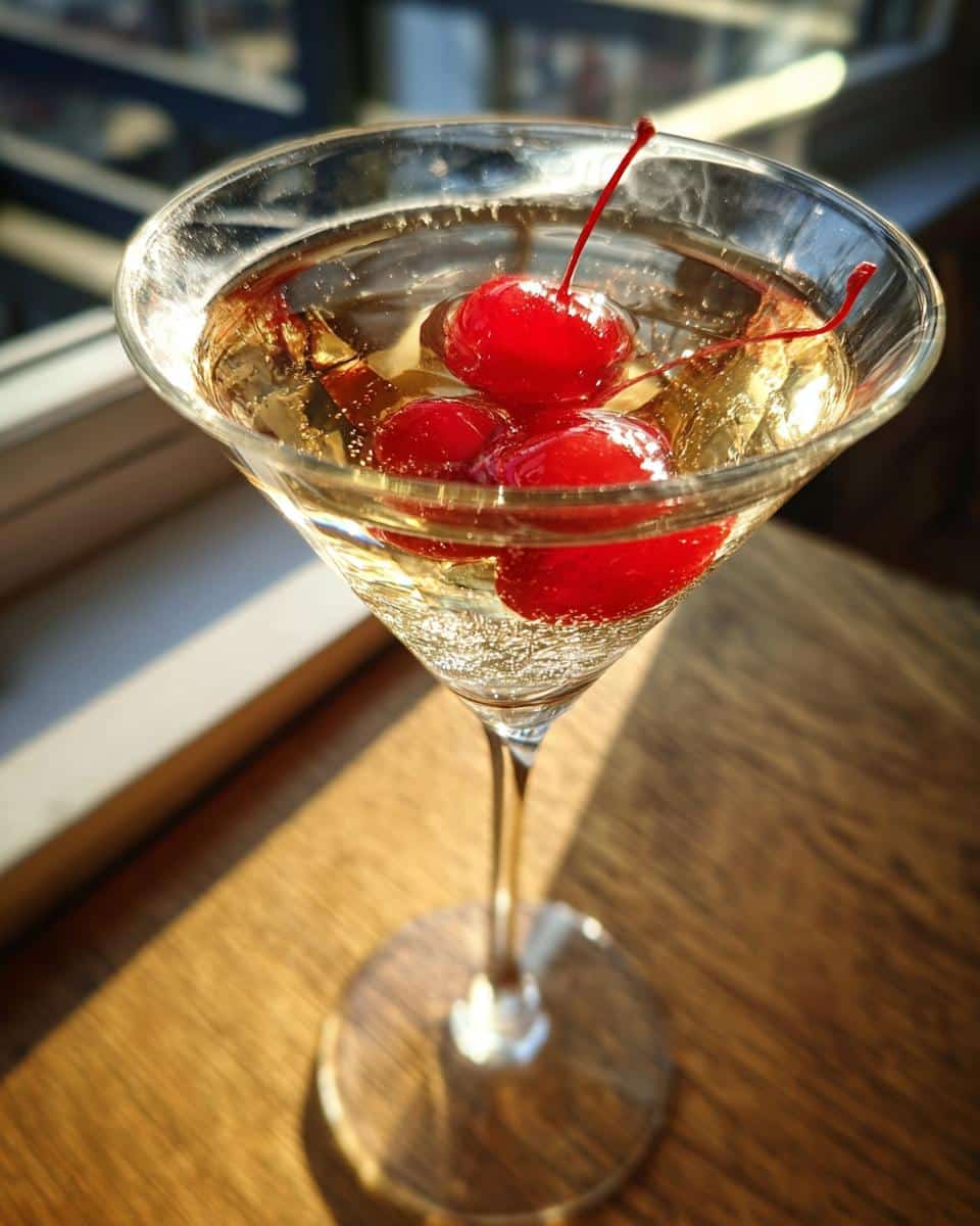 Close-up of a cherry martini in a clear glass, garnished with bright red cherries, sitting on a wooden surface.