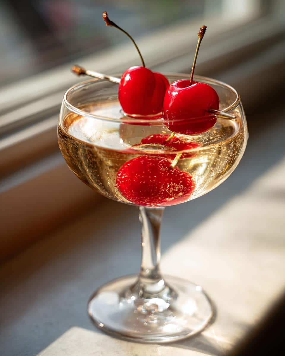 A sparkling cherry martini in a stemmed glass, garnished with fresh red cherries on a cocktail skewer.