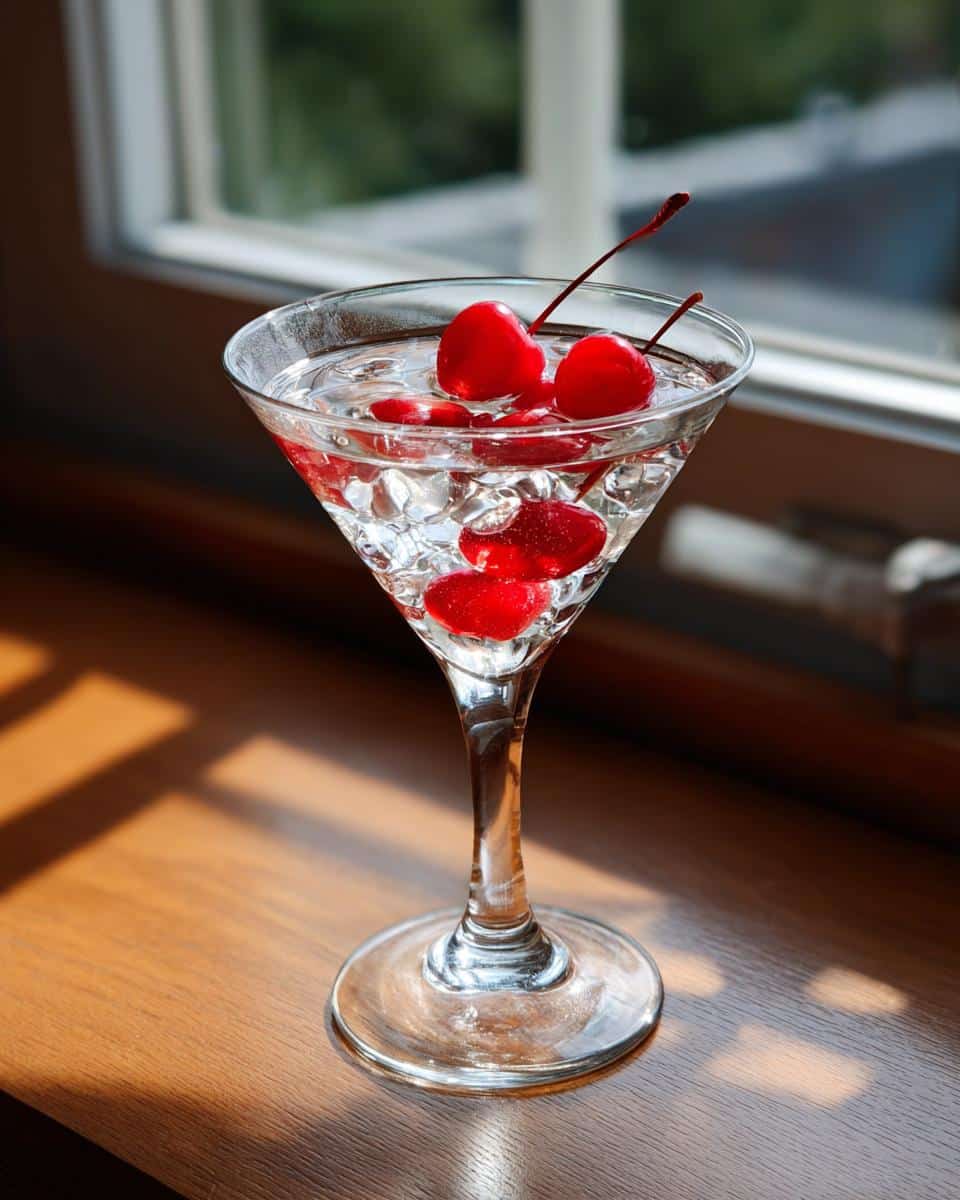 A clear cherry martini in a stemmed glass, garnished with bright red cherries and ice.
