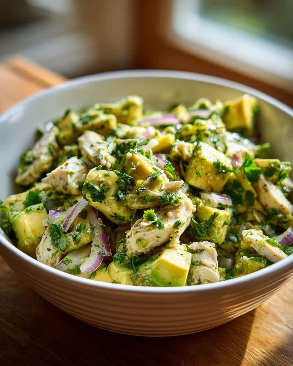 A bowl of fresh Chicken Avocado Salad with chunks of avocado, chicken, red onion, and herbs.
