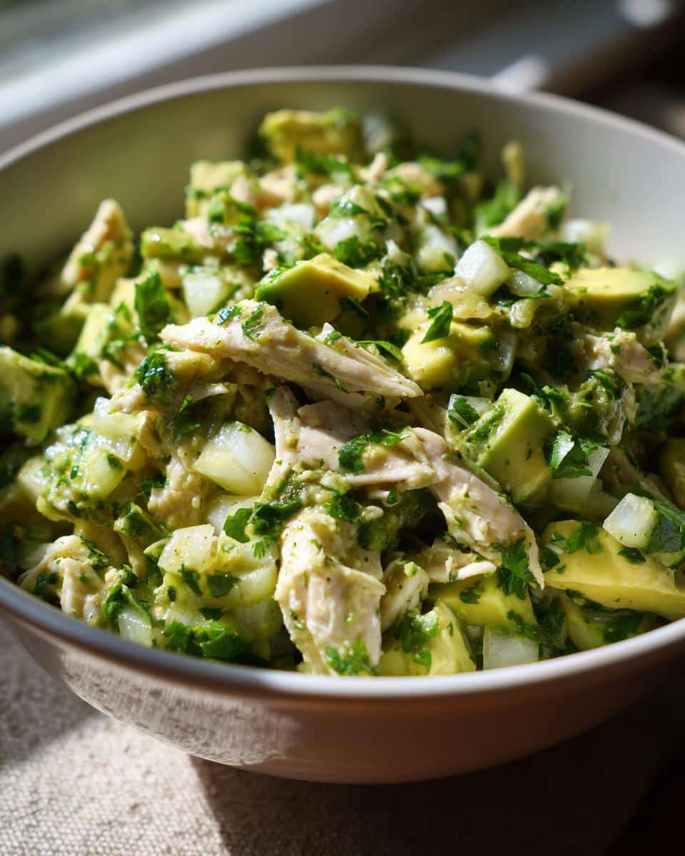 Close-up of a bowl filled with fresh Chicken Avocado Salad, featuring chicken, avocado, and herbs.
