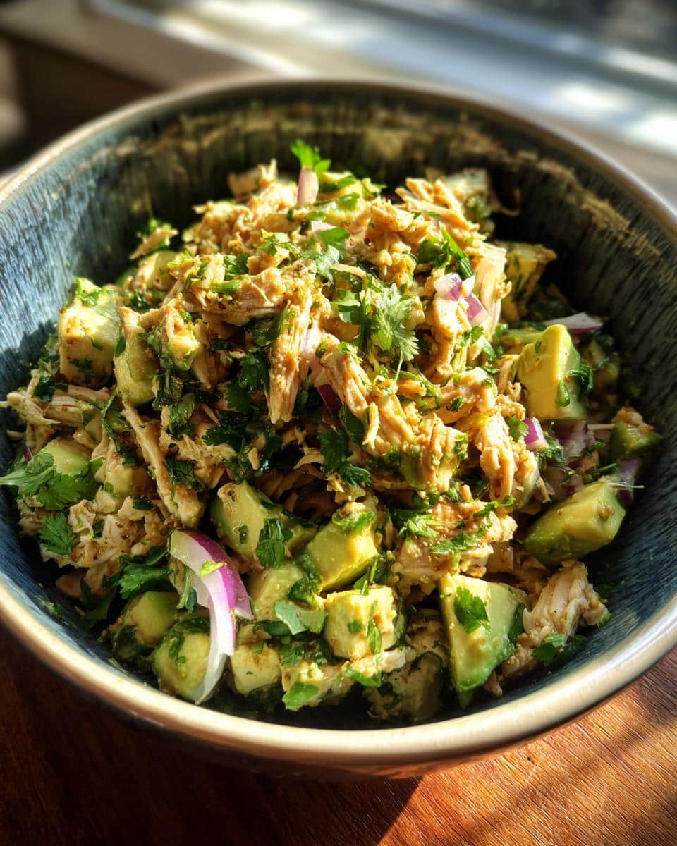 A vibrant bowl of Chicken Avocado Salad featuring diced avocado, shredded chicken, red onion, and fresh herbs.