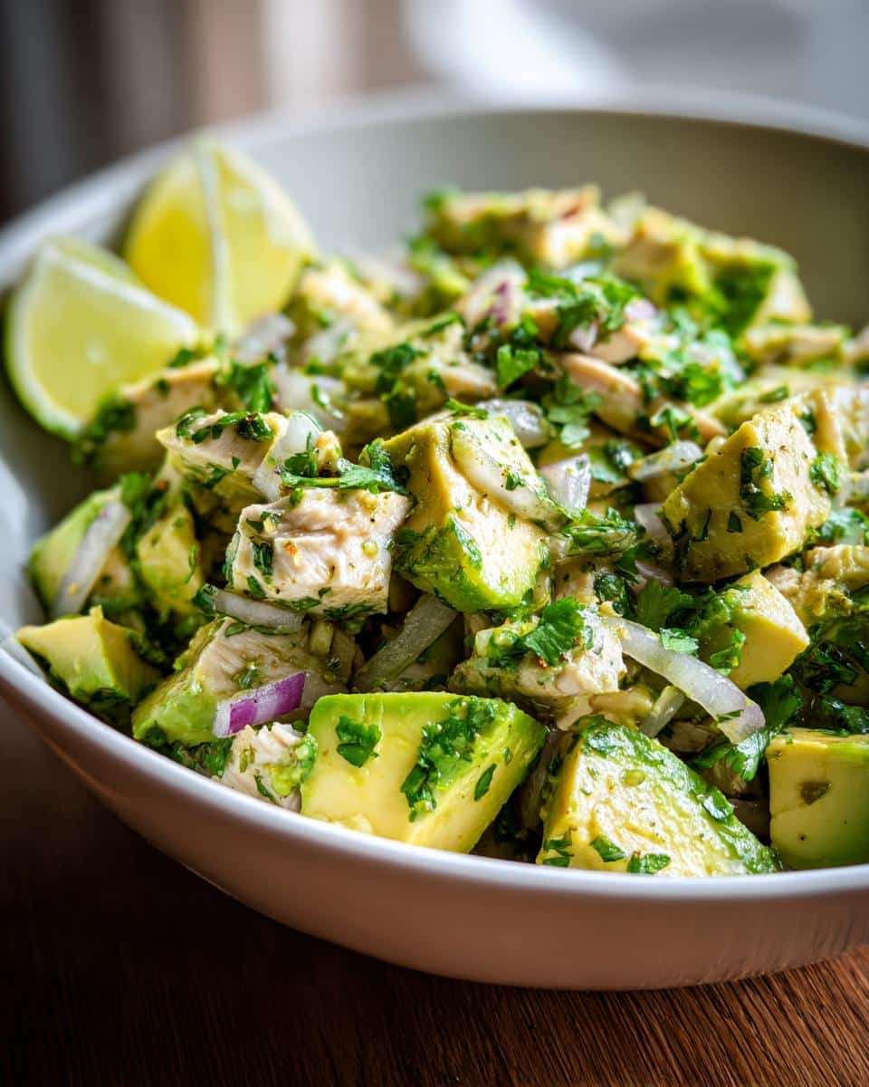 Close-up of a bowl of Chicken Avocado Salad with lime wedges, red onion, and cilantro.