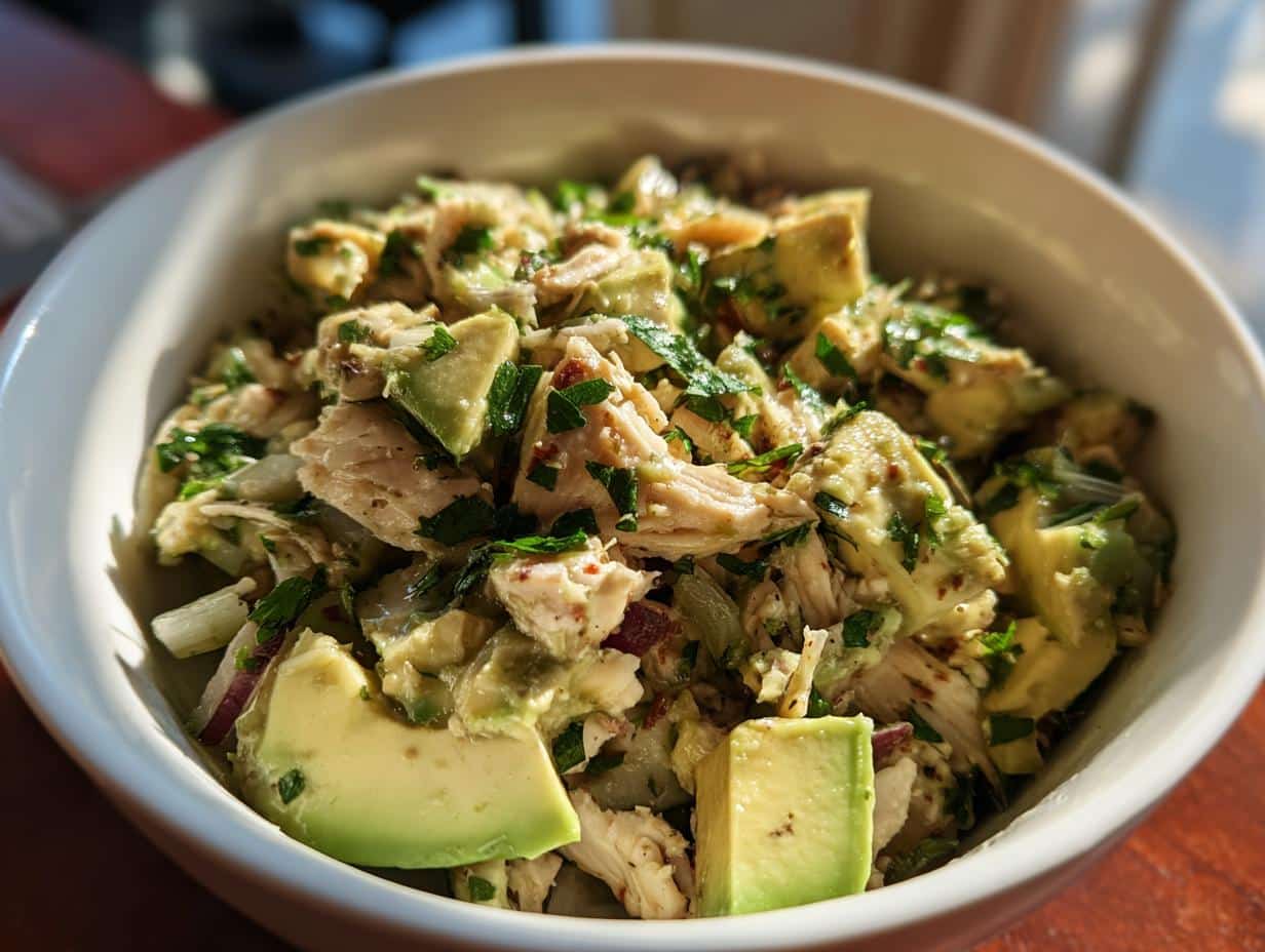 A bowl of fresh Chicken Avocado Salad with chunks of avocado, chicken, and herbs.