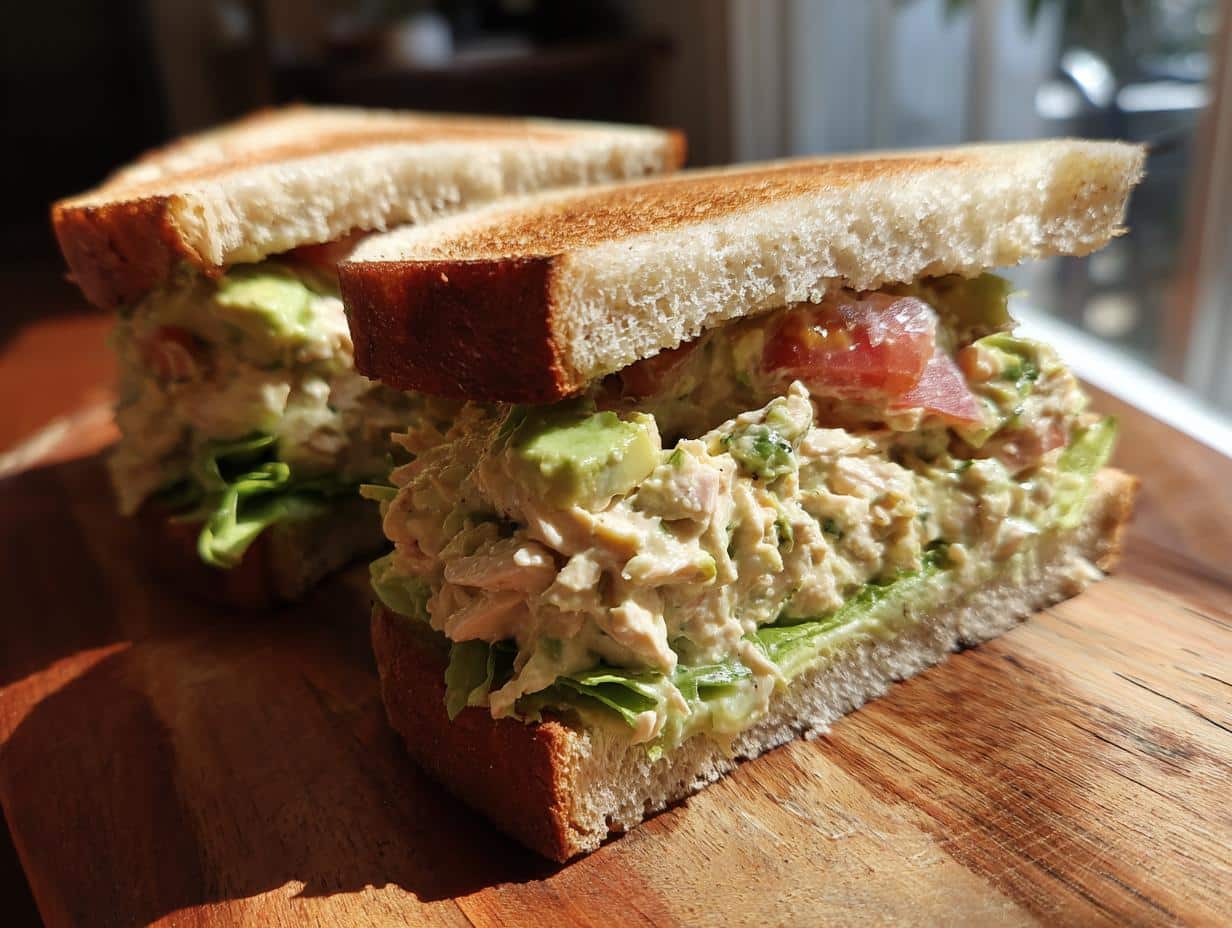Two halves of a creamy Chicken Avocado Sandwich on toasted bread, lettuce, and a wooden board.