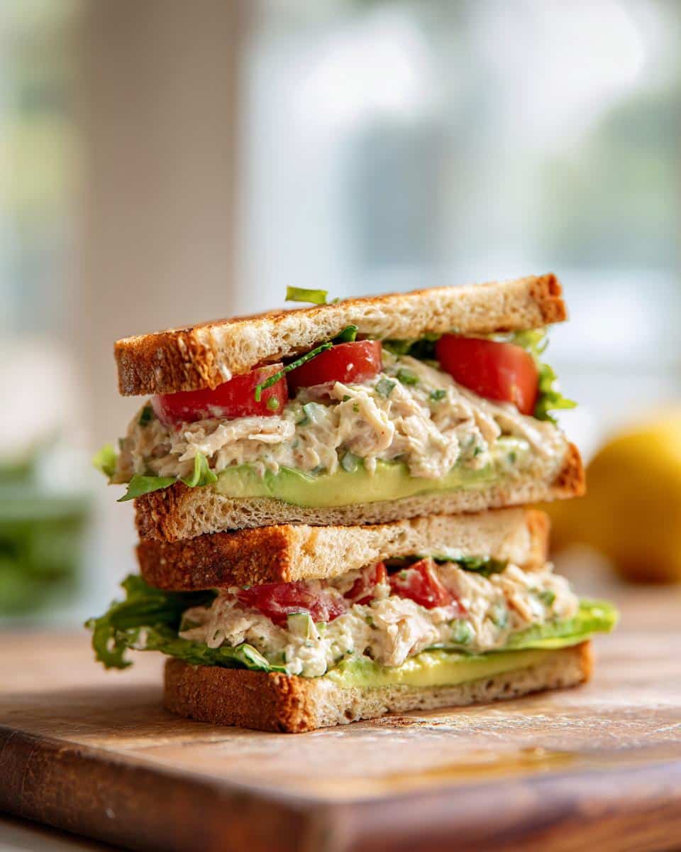 A tall, stacked Chicken Avocado Sandwich with creamy chicken salad, avocado slices, and tomato on toasted bread.